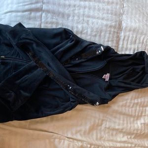 Black stylish spring jacket, sequins on the arms, size six.